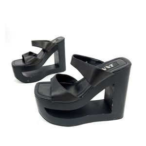 Jante Black Platform Wedge Sandals Cutout Heel Vintage Size 8.5